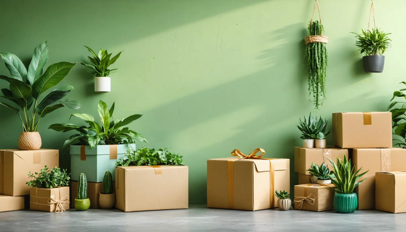 Cardboard boxes and potted plants on gray floor against a light green wall, with hanging plants casting shadows