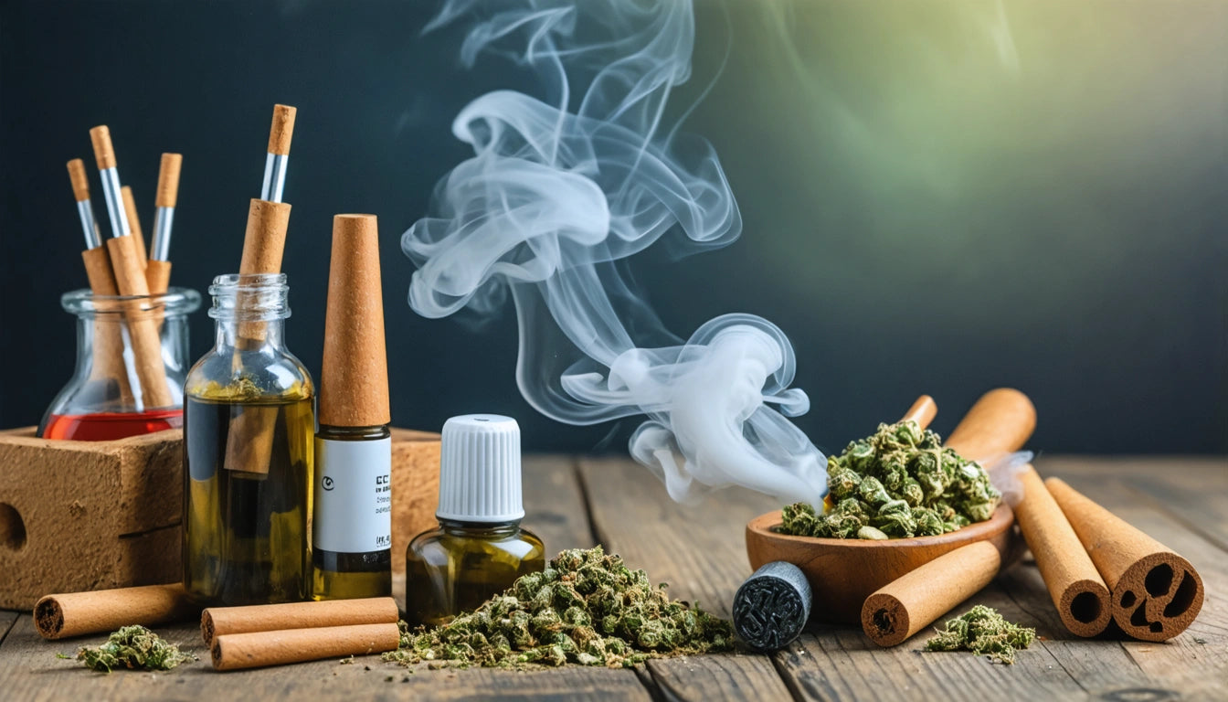 Glass bottles with liquid, rolled items, and loose green buds on wooden surface; smoke rising against a dark background