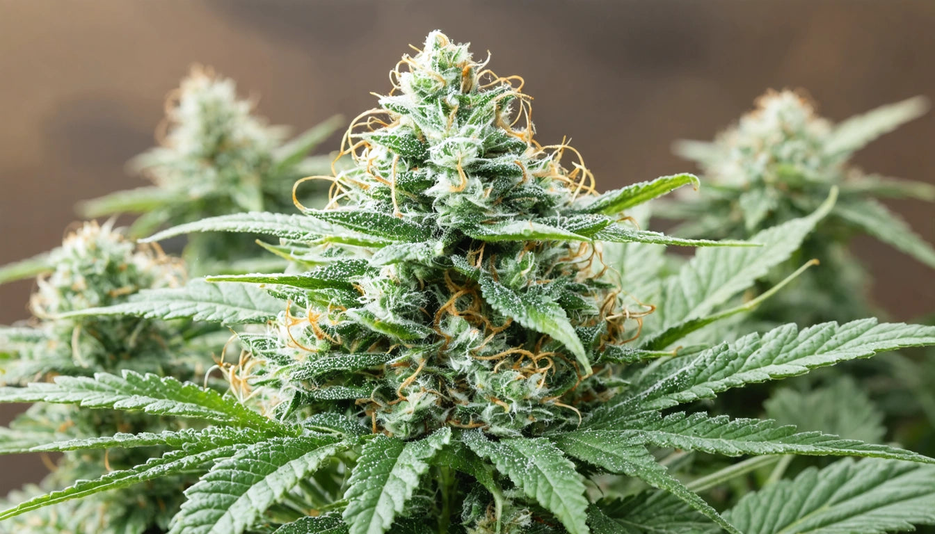 Dense green plant with pointed leaves and orange strands, covered in white crystals, against a blurred brown background