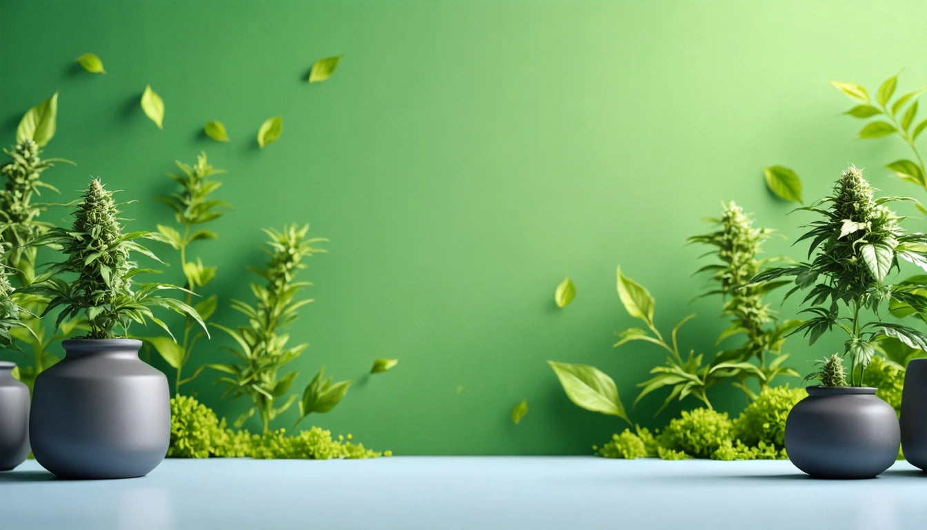 Green plants in black pots on a blue surface against a green wall with falling leaves