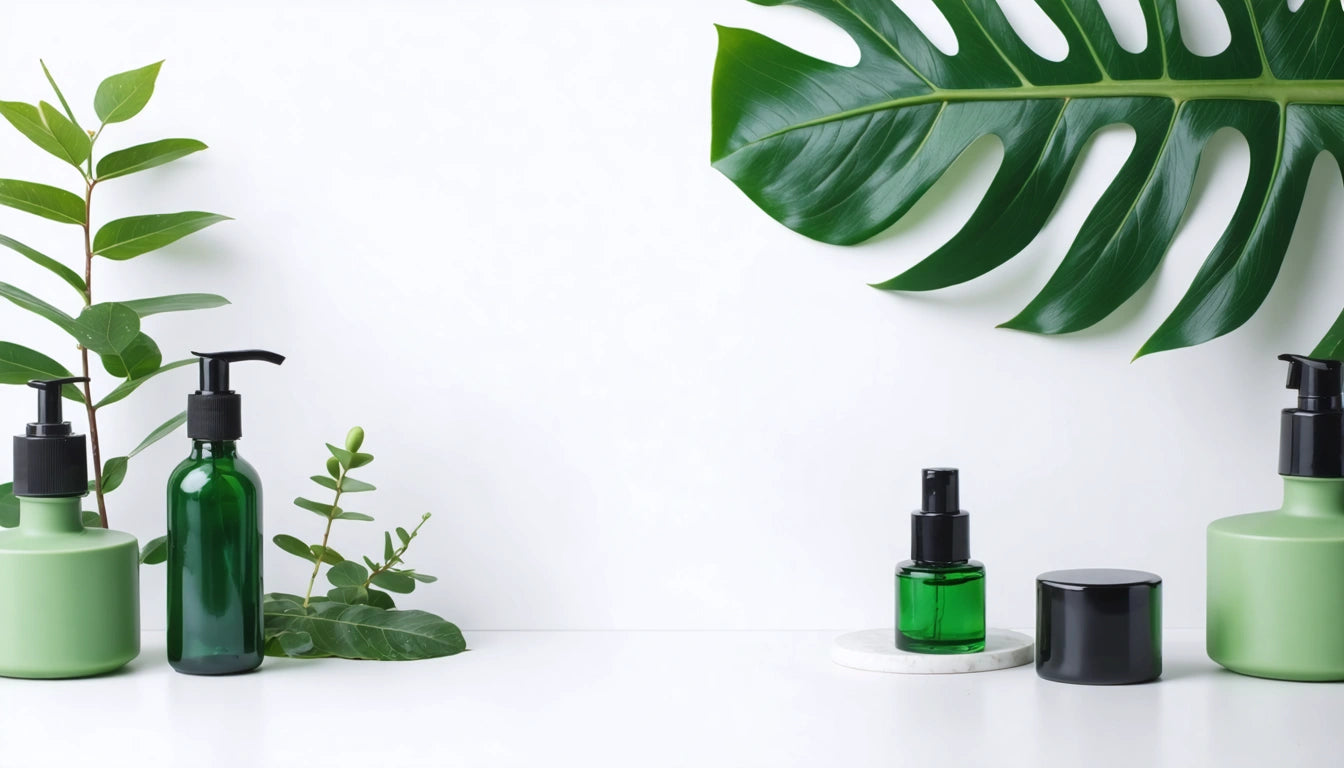 Green and black pump bottles with green leaves on white background