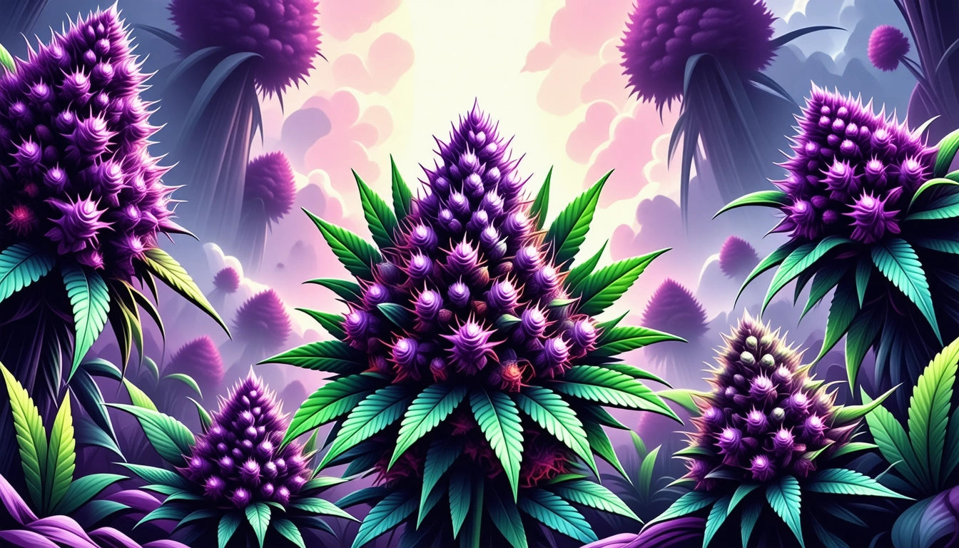 Vibrant purple flowers with spiky green leaves, set against a soft pink and purple sky with fluffy clouds