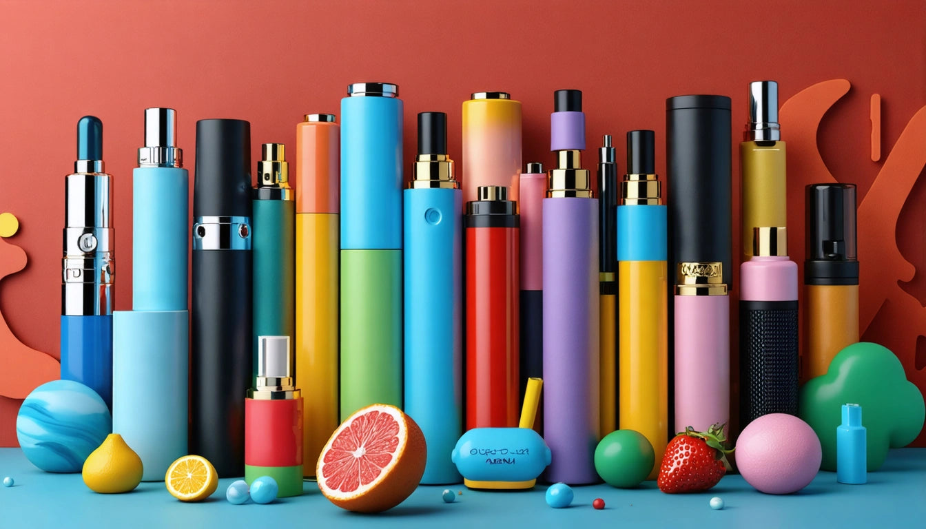 Colorful bottles and containers of various shapes and sizes on a surface, surrounded by fruit and small round objects