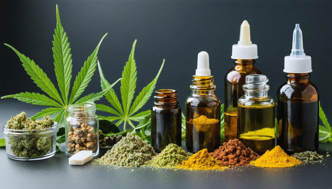 Glass bottles with droppers, piles of colorful powders, cannabis leaves, and jars with herbs on a dark surface