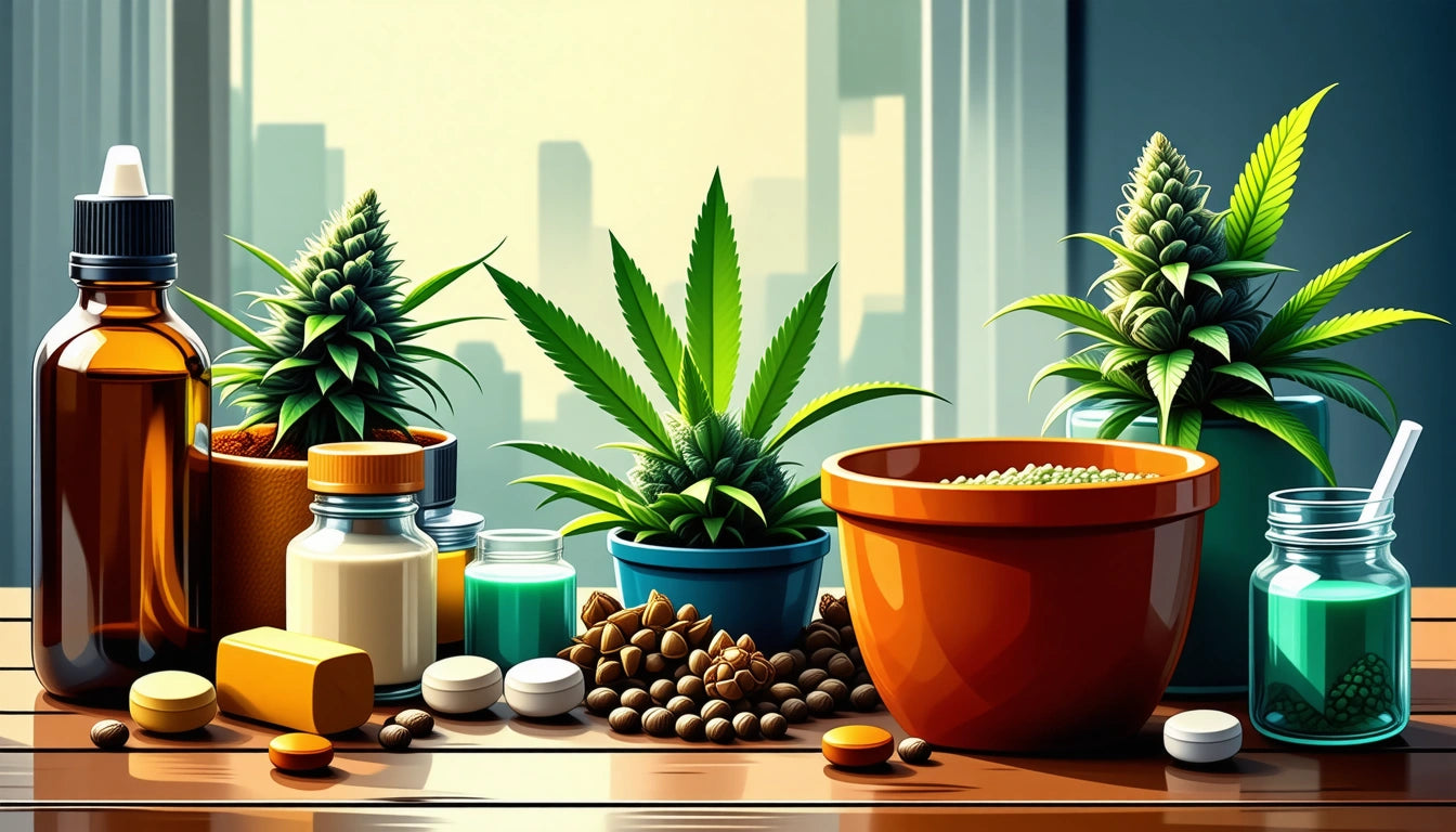 Various potted plants and medicine bottles on a wooden table, with pills and seeds scattered, against a cityscape background