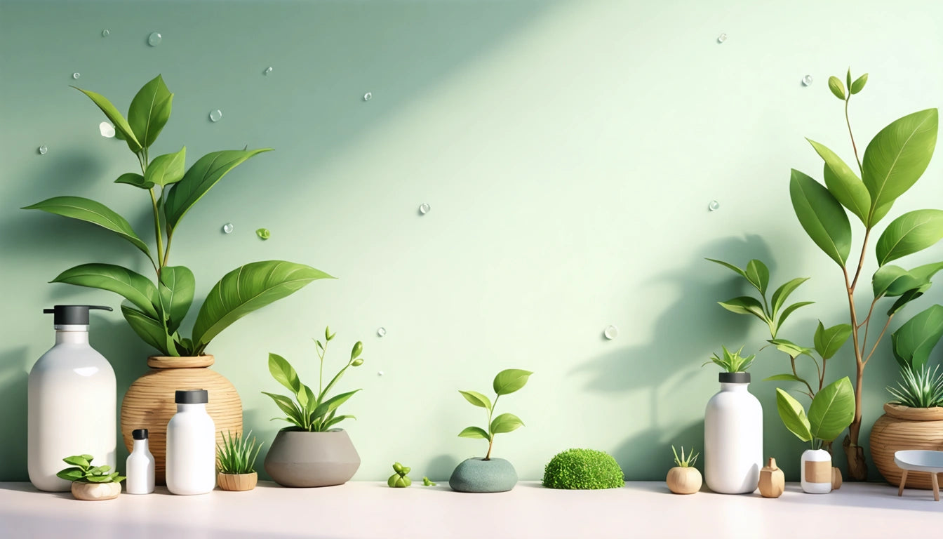 Potted plants of various sizes on a white surface against a light green wall with small water droplets