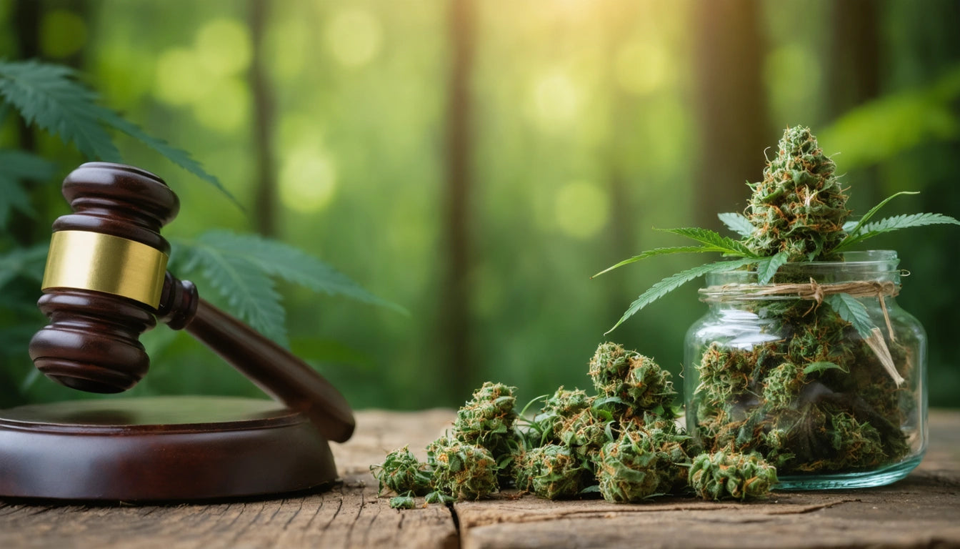 Gavel on wooden surface beside a glass jar filled with green plant buds, blurred forest background