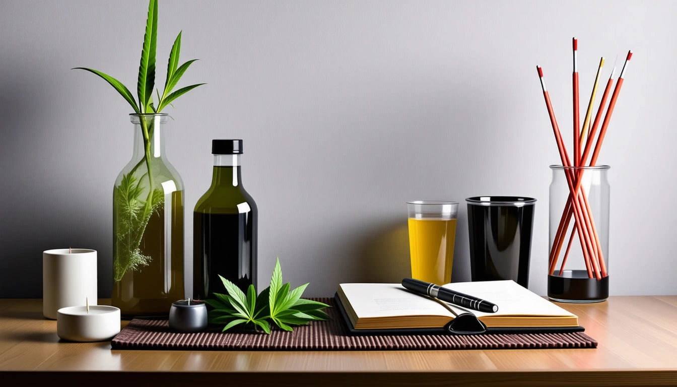 Vases with plants, bottles, candles, open notebook with pen, and a glass of juice on a wooden table against a gray wall