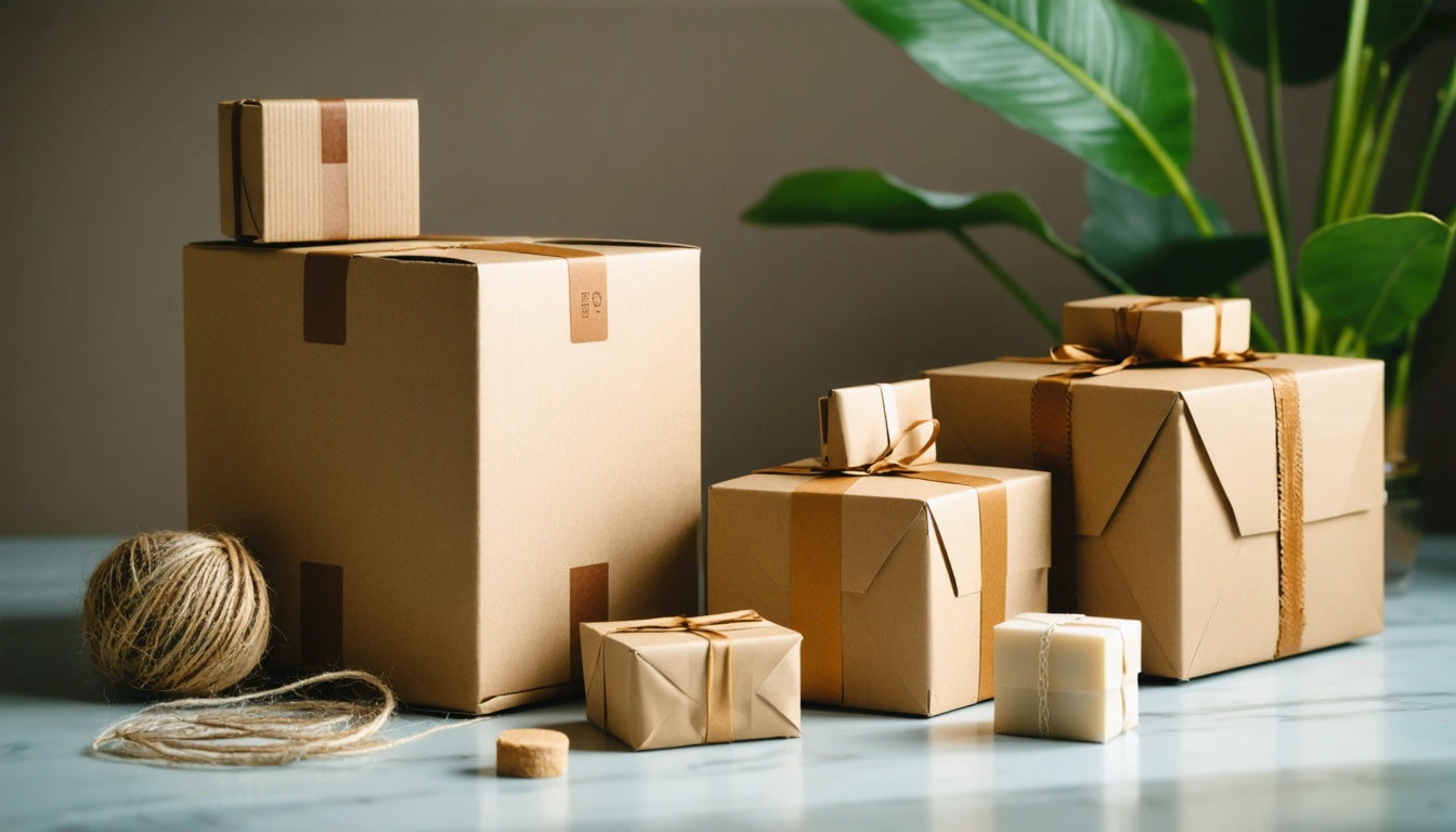 Brown paper-wrapped boxes with ribbons on a table, surrounded by twine, cork, and green plant leaves in the background