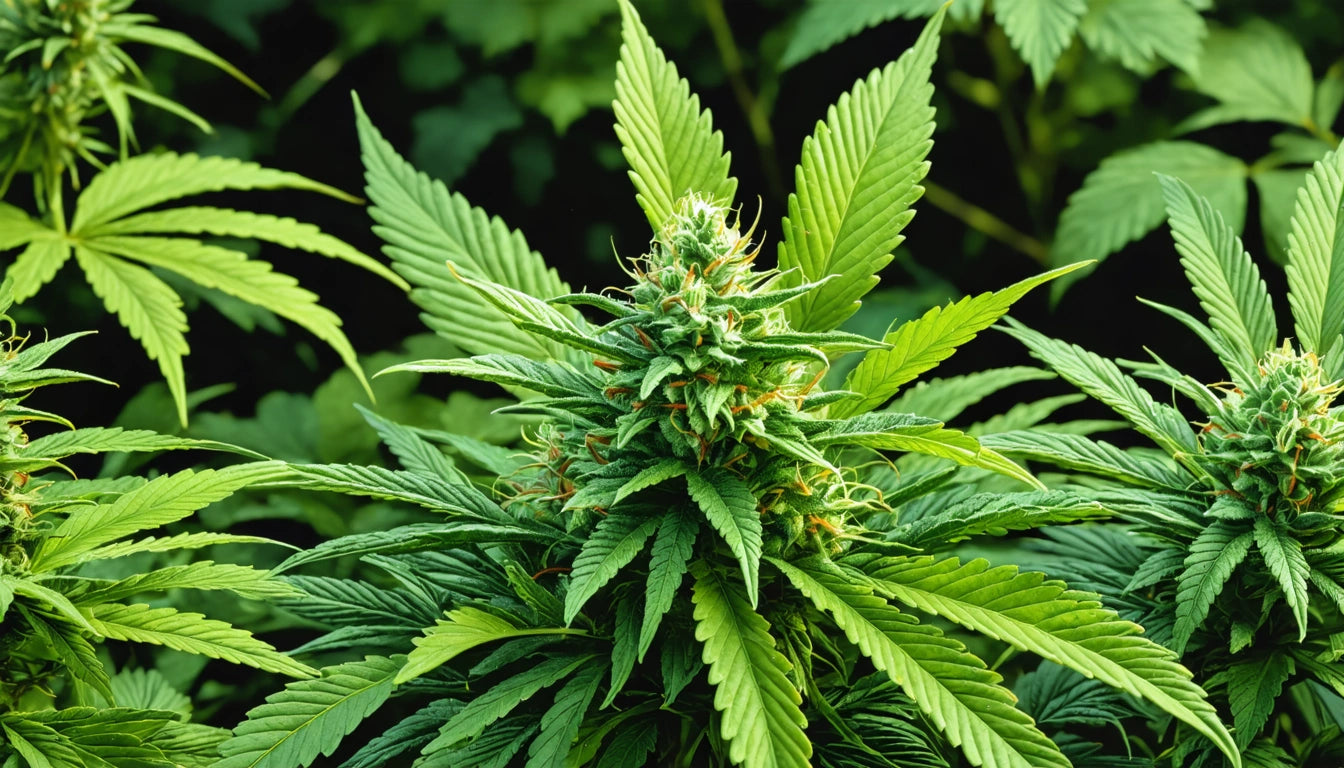 Green plant with pointed leaves and a dense, clustered center against a dark green background