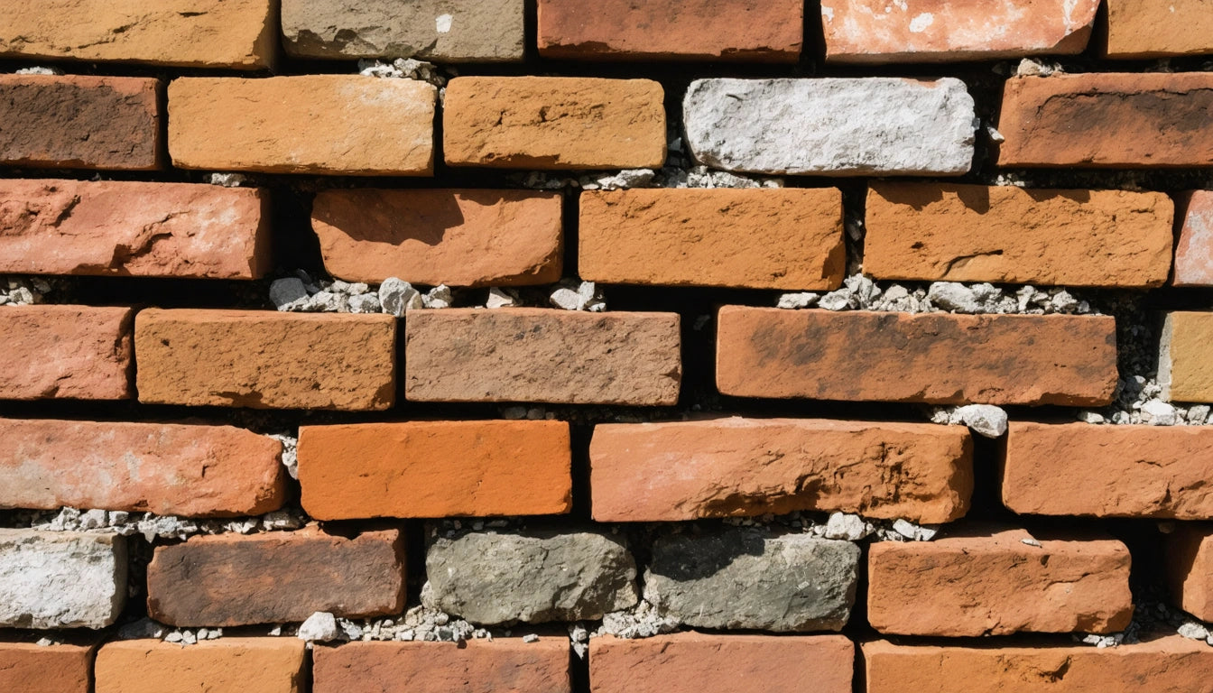 Red, orange, and gray bricks stacked in a wall with visible mortar and small stones in between