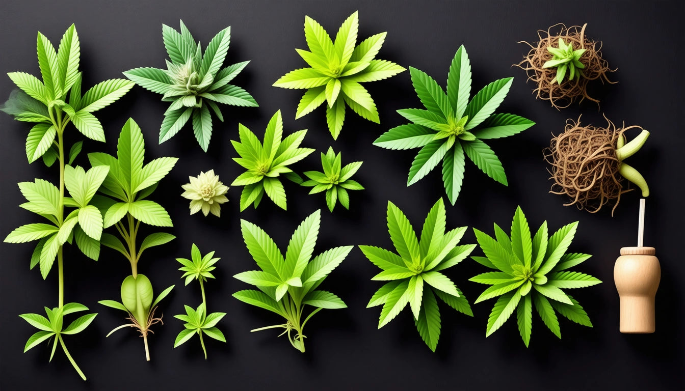 Various green leaves and plants arranged on a dark surface, with two small plants in wooden holders on the right