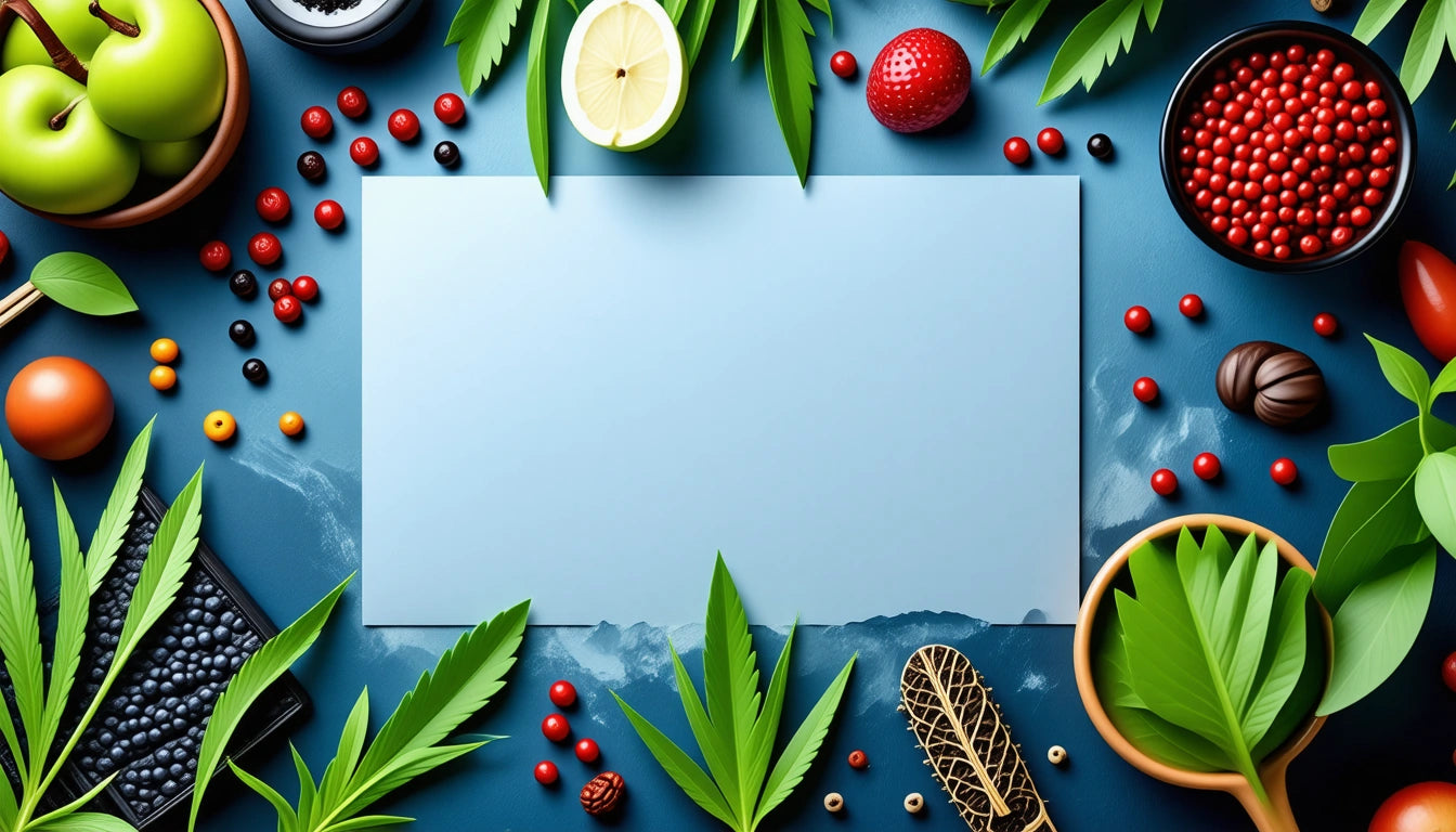 Blue surface with a blank paper surrounded by apples, lemons, berries, nuts, and green leaves