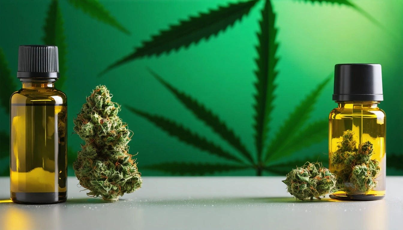 Two bottles with yellow liquid, cannabis buds between them, green leaf pattern in background