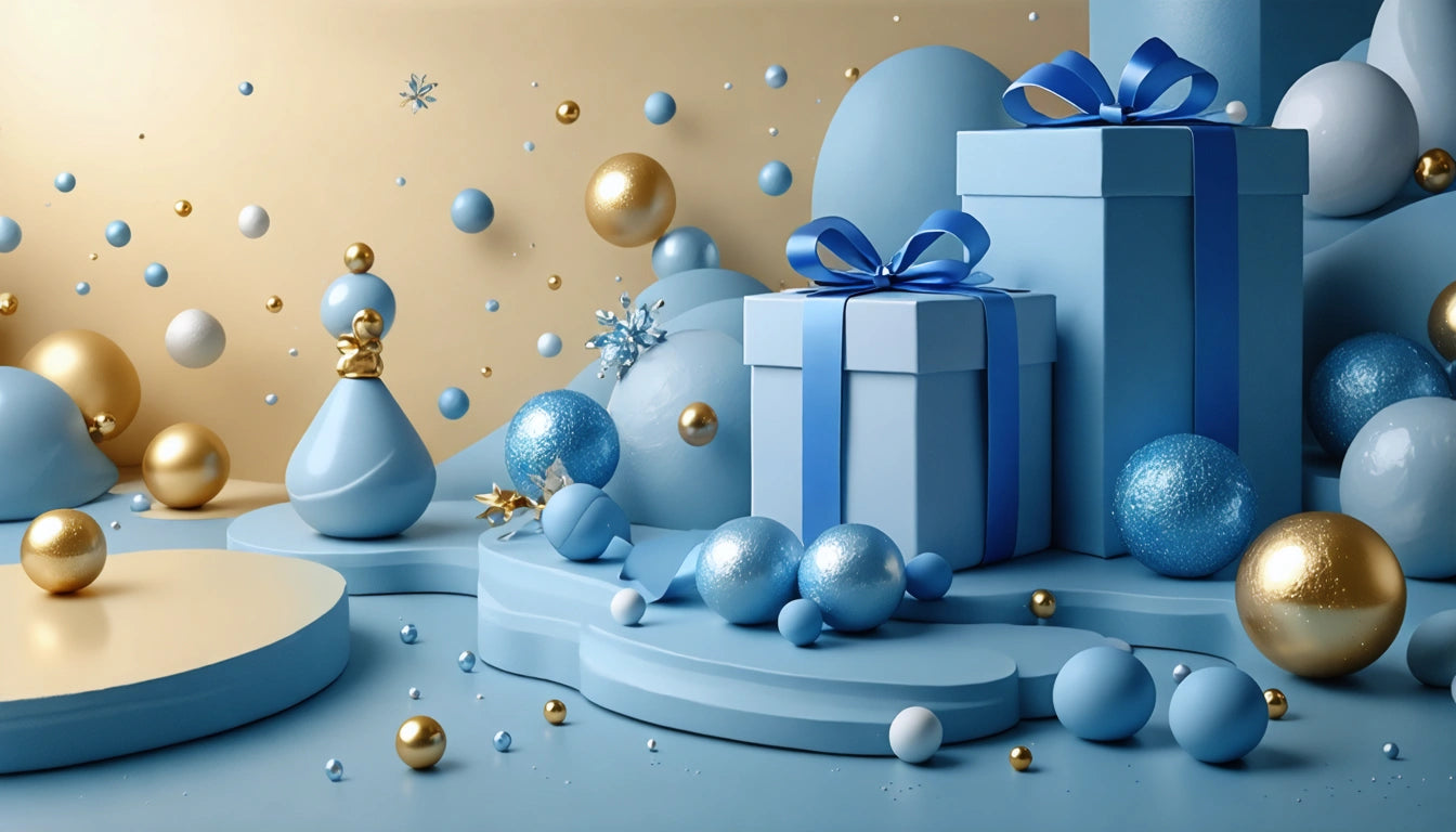 Blue and gold gift boxes with ribbons surrounded by blue and gold spheres on layered platforms against a beige background