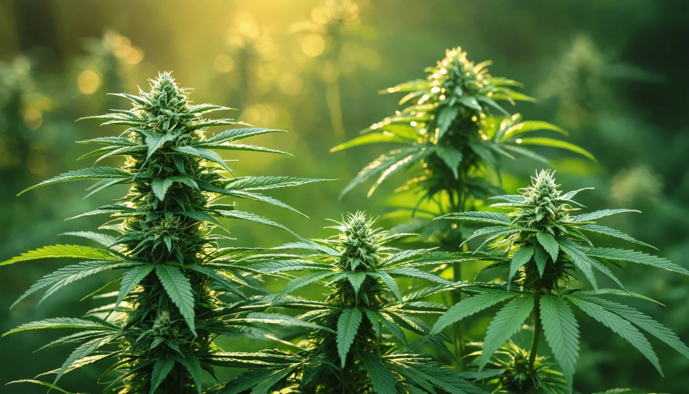 Sunlit green plants with pointed leaves and clustered buds, blurred background with warm golden light