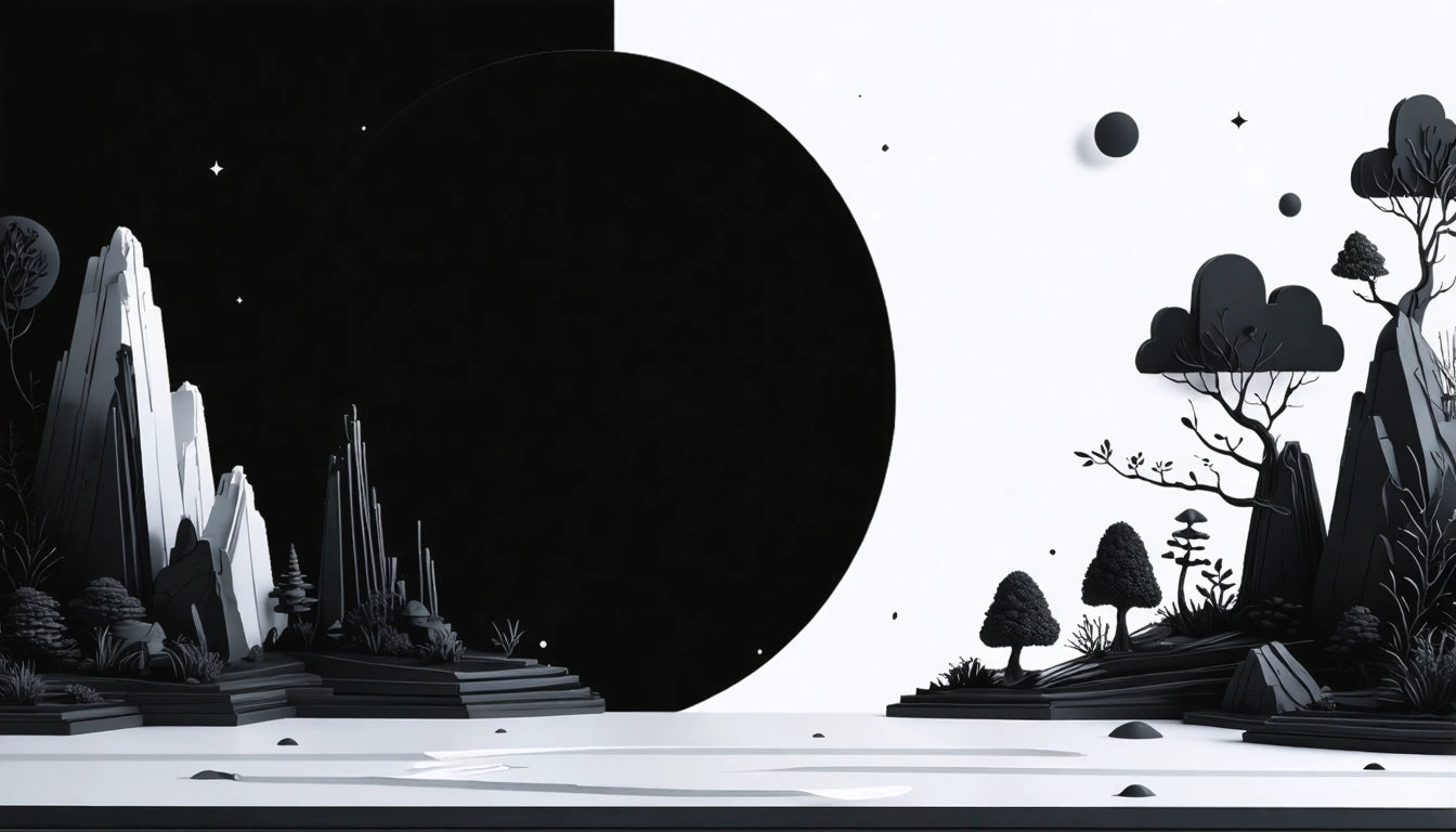 Black and white landscape with a large black circle, abstract mountains on the left, and stylized trees on the right