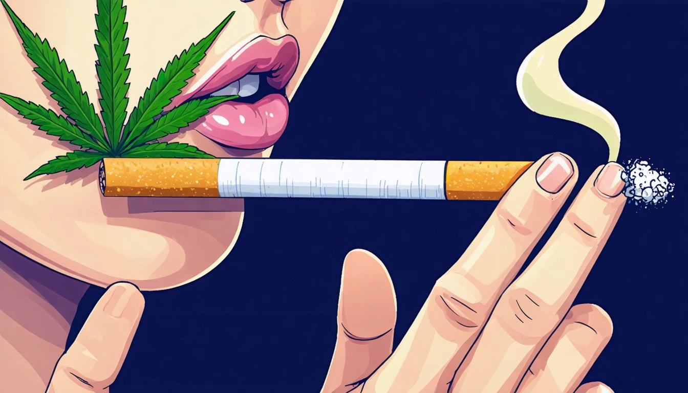 A hand holding a cigarette with smoke, near lips. A green leaf is tucked between the lips and cigarette