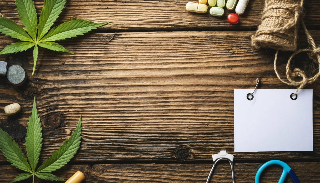 Wooden surface with two cannabis leaves, assorted pills, twine, blank paper with rings, stethoscope, and a small bottle