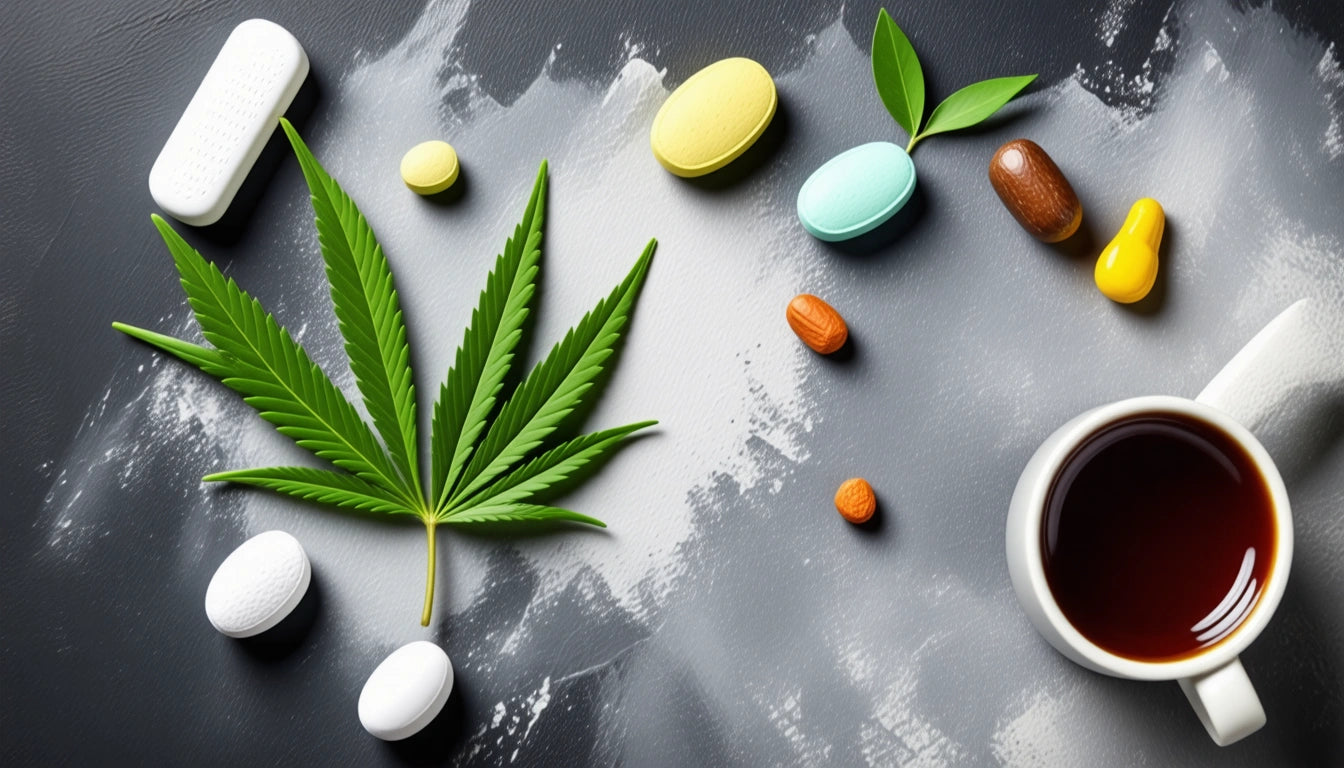 Green cannabis leaf, assorted pills, and a cup of black coffee on a dark, textured surface with white smudges