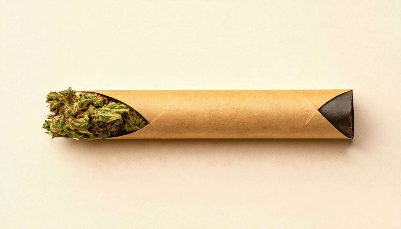 Brown paper tube with green plant material protruding from one end, on a light beige background
