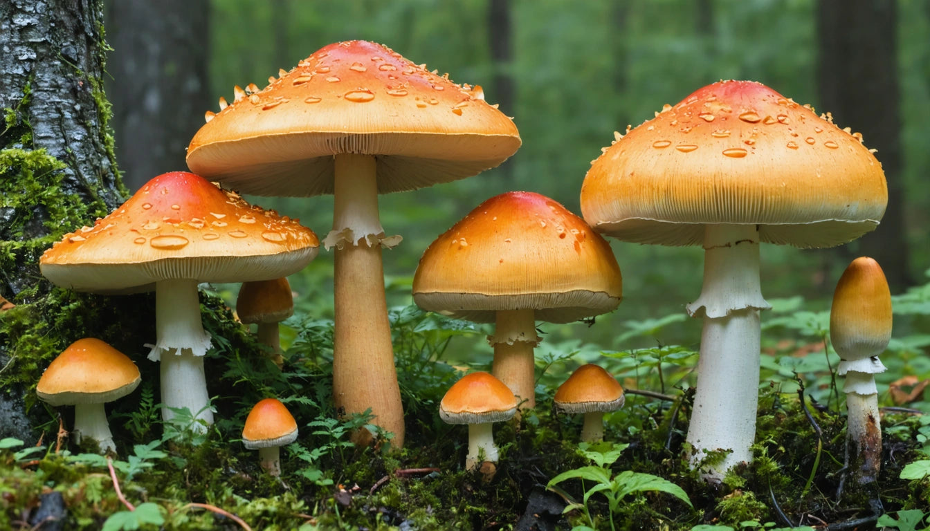 Orange mushrooms with white stems and water droplets, surrounded by green moss and leaves in a forest setting