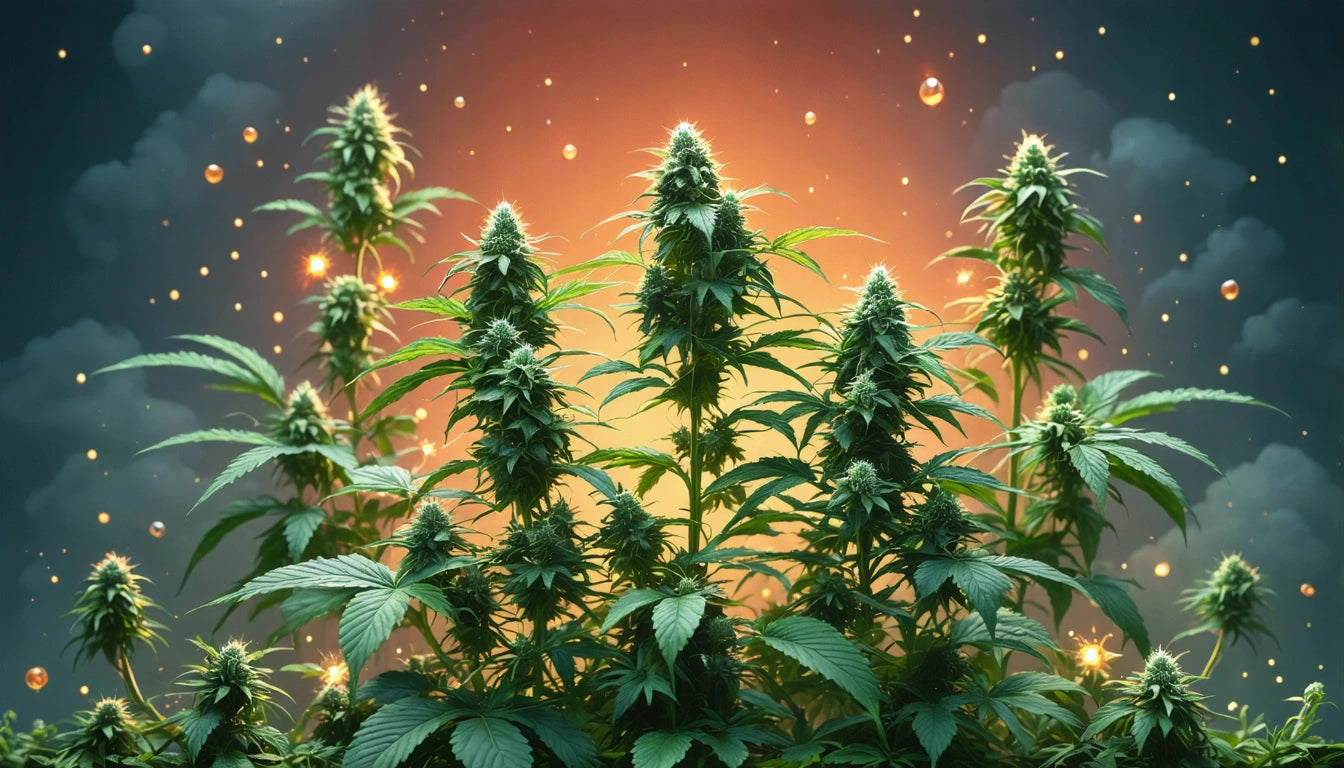 Tall green plants with pointed leaves and clusters of buds, set against a glowing orange and dark blue background with sparkles