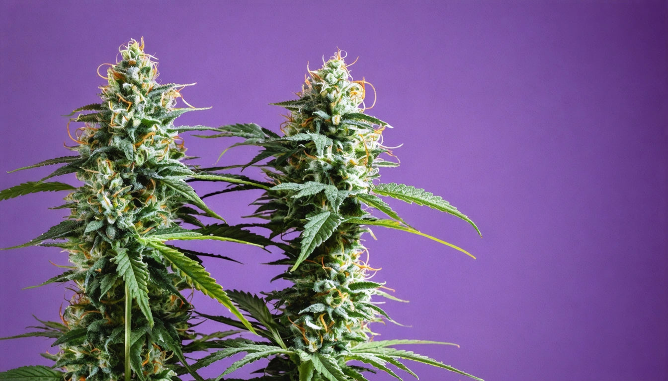 Two tall green plants with spiky leaves and buds against a solid purple background