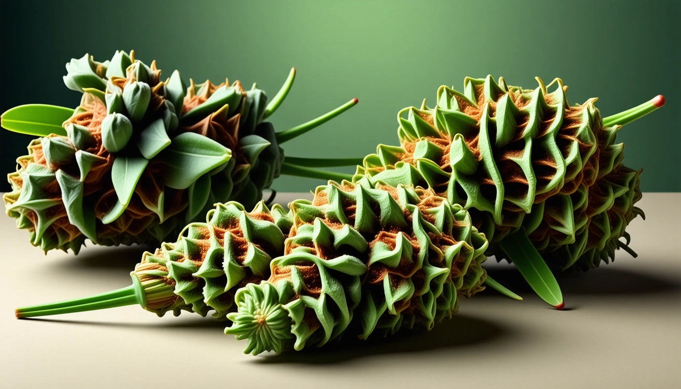Three intricately textured green and brown pinecones with long stems on a beige surface against a gradient green background