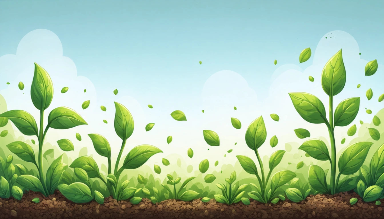 Green plants with large leaves growing from soil, scattered leaves floating in the air, blue sky with light clouds in the background