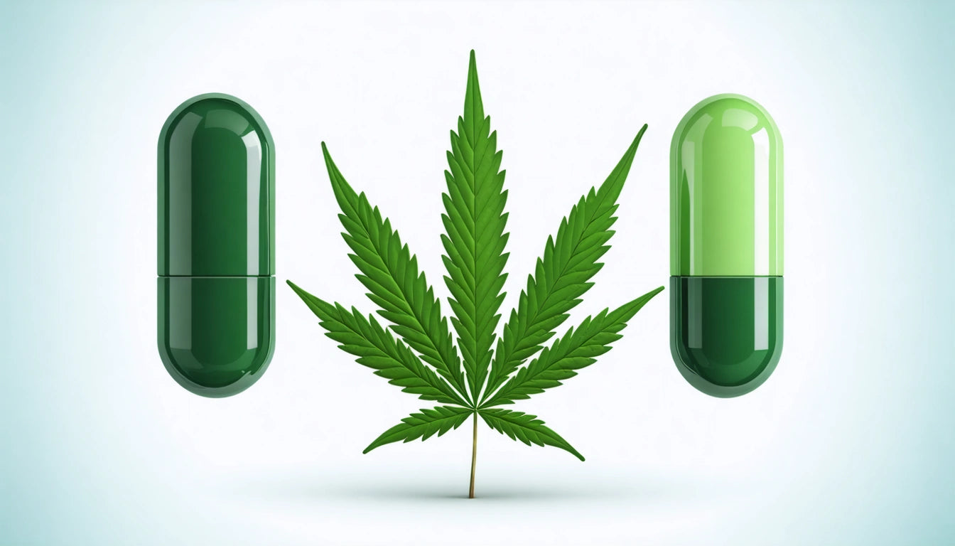 Green cannabis leaf centered between two green capsules on a light background