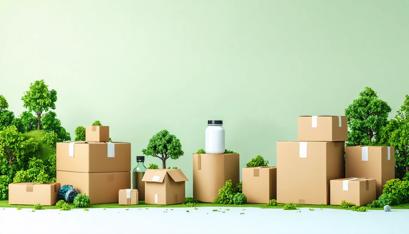 Cardboard boxes of various sizes with small trees and plants, a white jar, and a green background