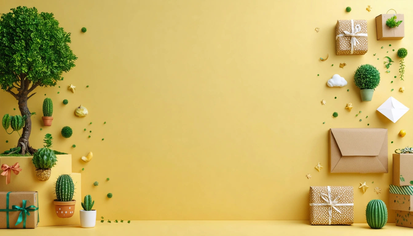 Yellow background with small potted plants, gift boxes, and envelopes arranged along the left and right edges