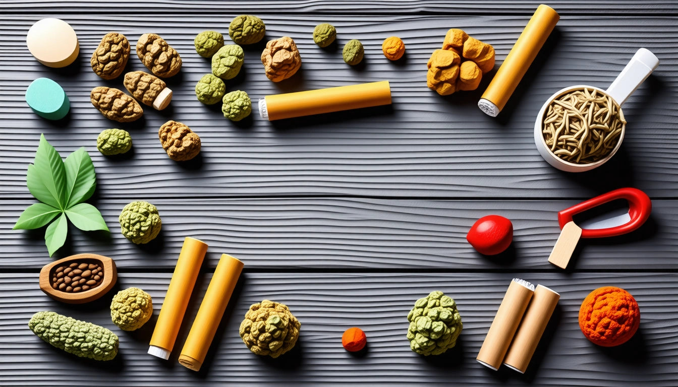 Assorted colorful objects, including tubes, textured balls, leaves, and a red handle, scattered on a ridged gray surface