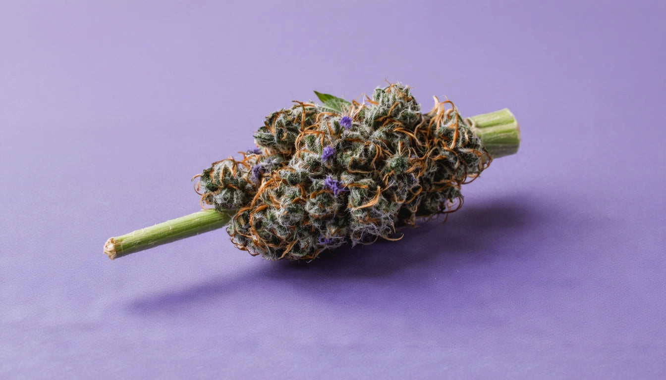 Green and purple plant bud with orange strands on a purple surface