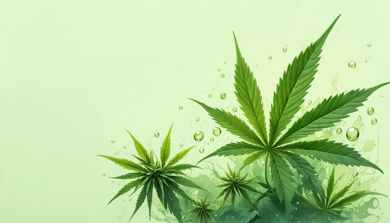 Green leaves with serrated edges and water droplets against a light green background