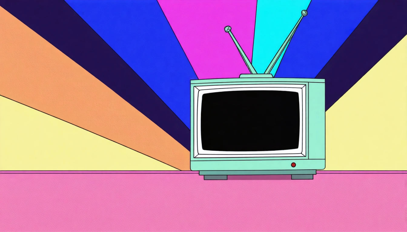 Retro TV with antennas on pink surface, colorful rays in background including blue, purple, and orange