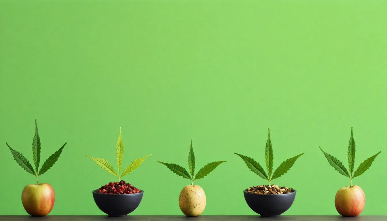 Four items on a table: apple, two bowls, and potato, each with a leaf, against a bright green background