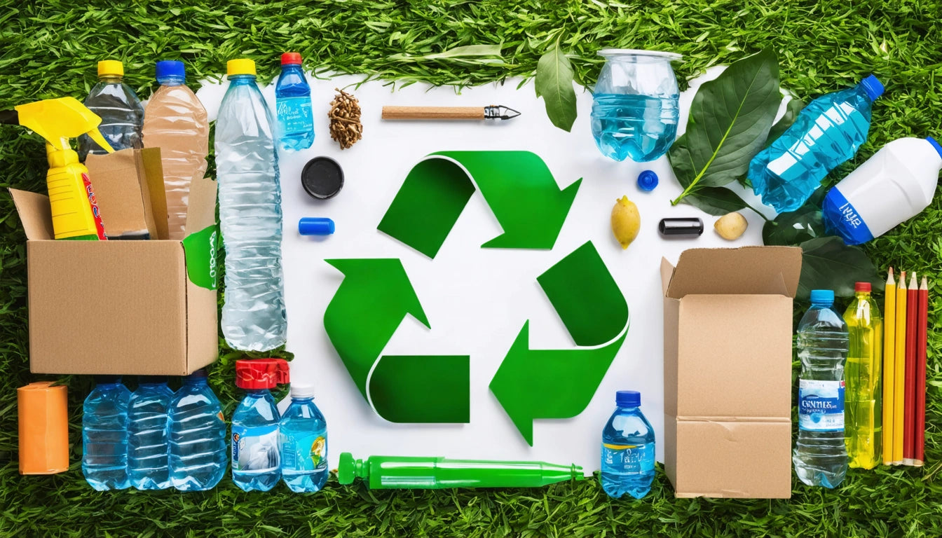 Green recycling symbol surrounded by plastic bottles, cardboard boxes, leaves, and pencils on grass background
