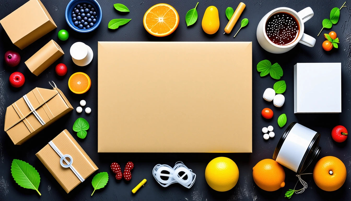 Brown box surrounded by fruits, leaves, gift boxes, a cup of coffee, and small objects on a dark surface