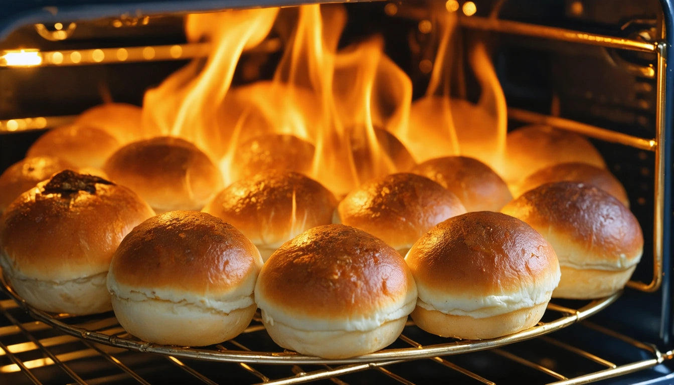 Rows of golden brown buns on an oven rack with flames rising in the background