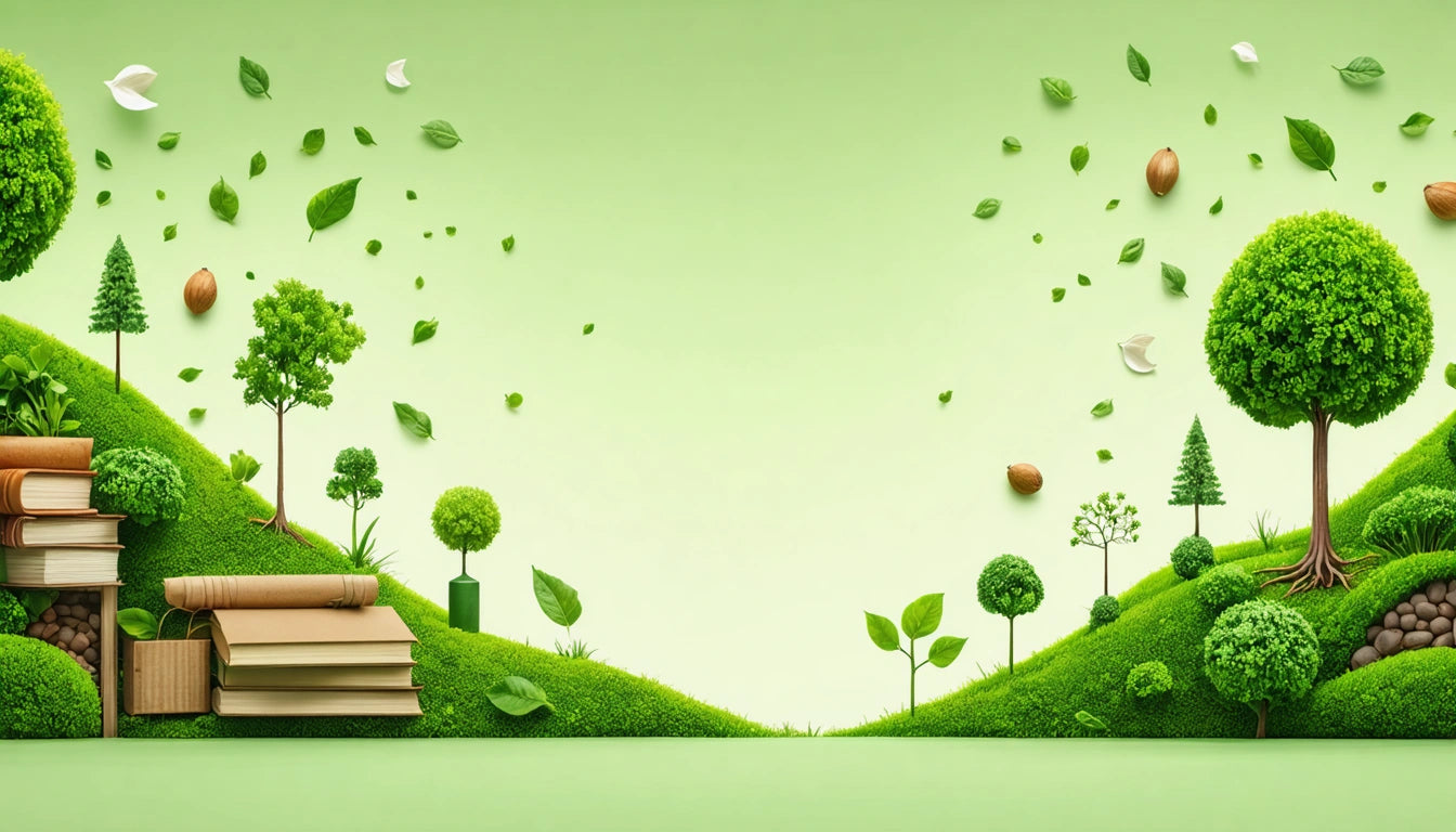 Stacks of books on grassy hills with small trees and leaves floating against a light green background