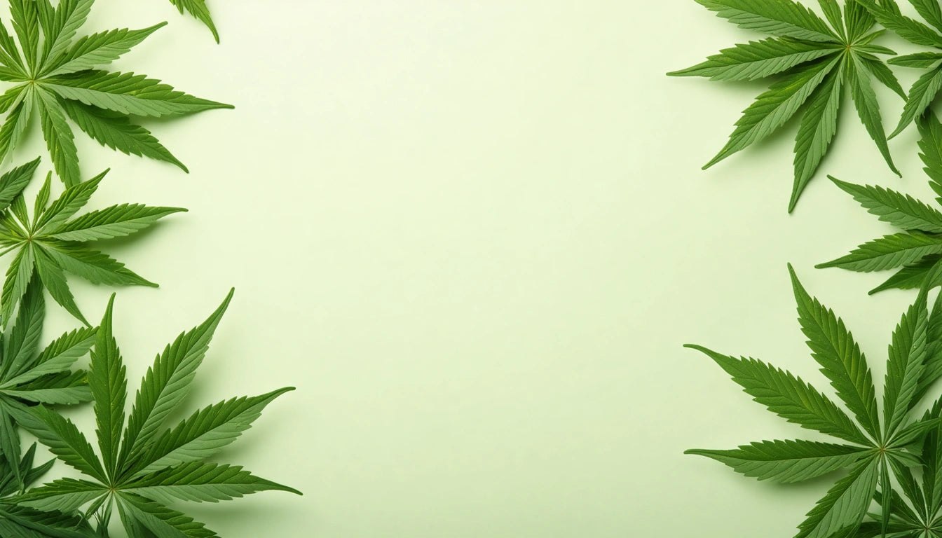 Green leaves with serrated edges arranged around the edges of a light green background, creating a frame-like effect