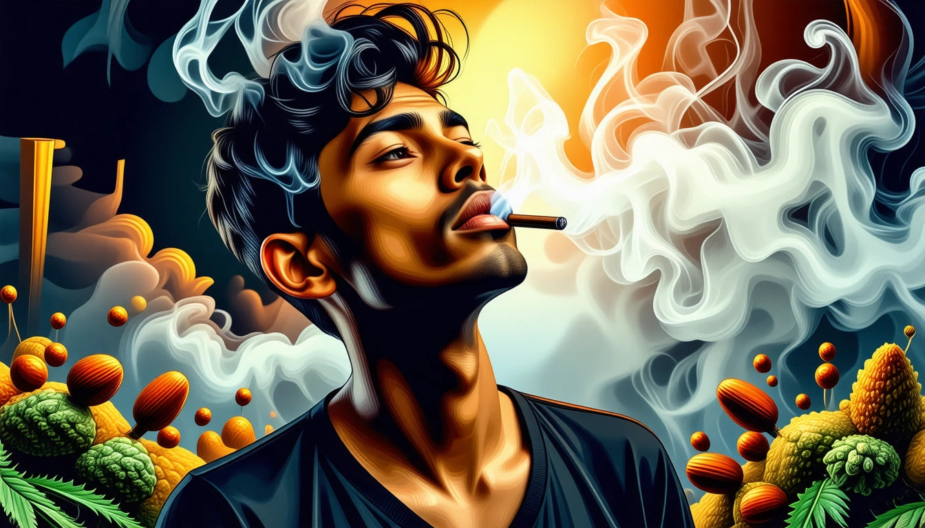 Man with cigarette, smoke swirling around, vibrant colors, abstract background with orange and yellow hues, dark shirt