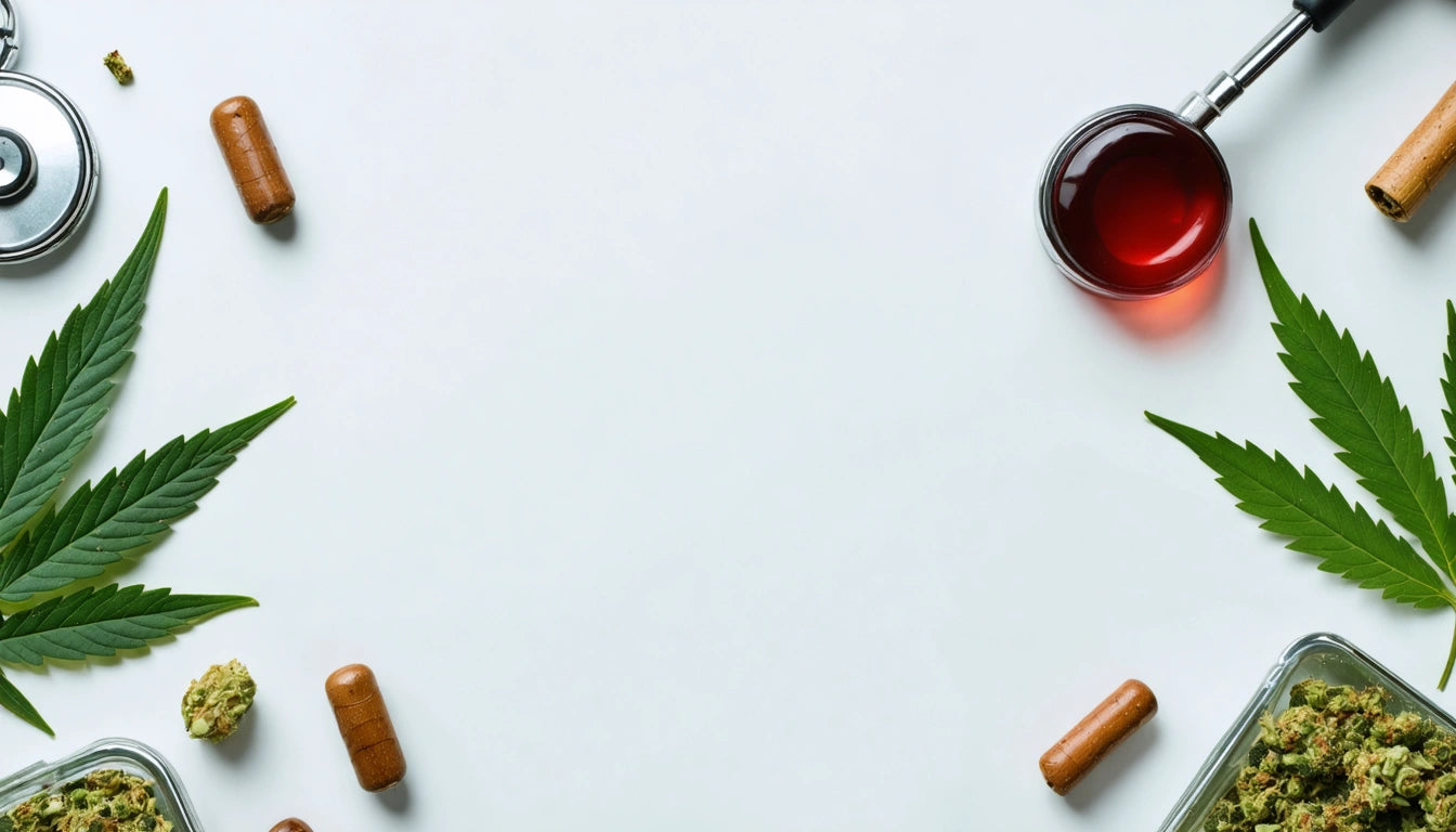 Two green leaves, brown capsules, and a glass of red liquid on a white surface