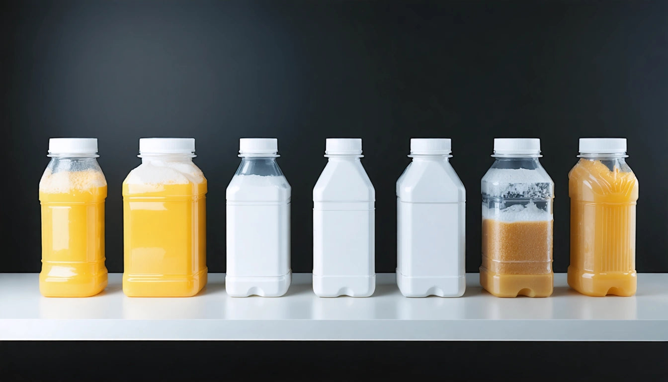 Six bottles on a white shelf against a dark background, three filled with orange liquid, three empty and white