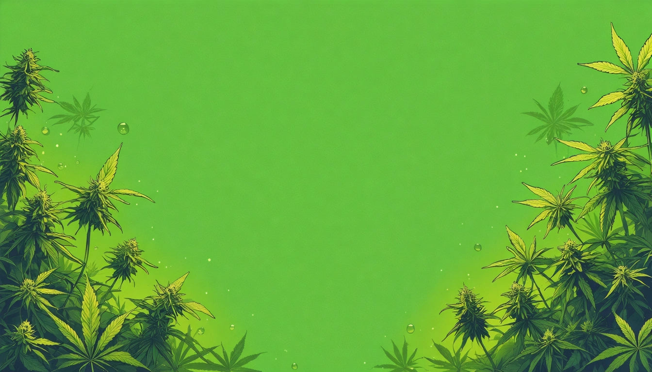 Green background with cannabis plants framing the bottom and sides, droplets on leaves, and faint plant silhouettes in the center