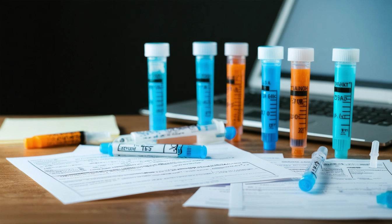 Test tubes with blue and orange liquids on a desk, papers and a laptop in the background