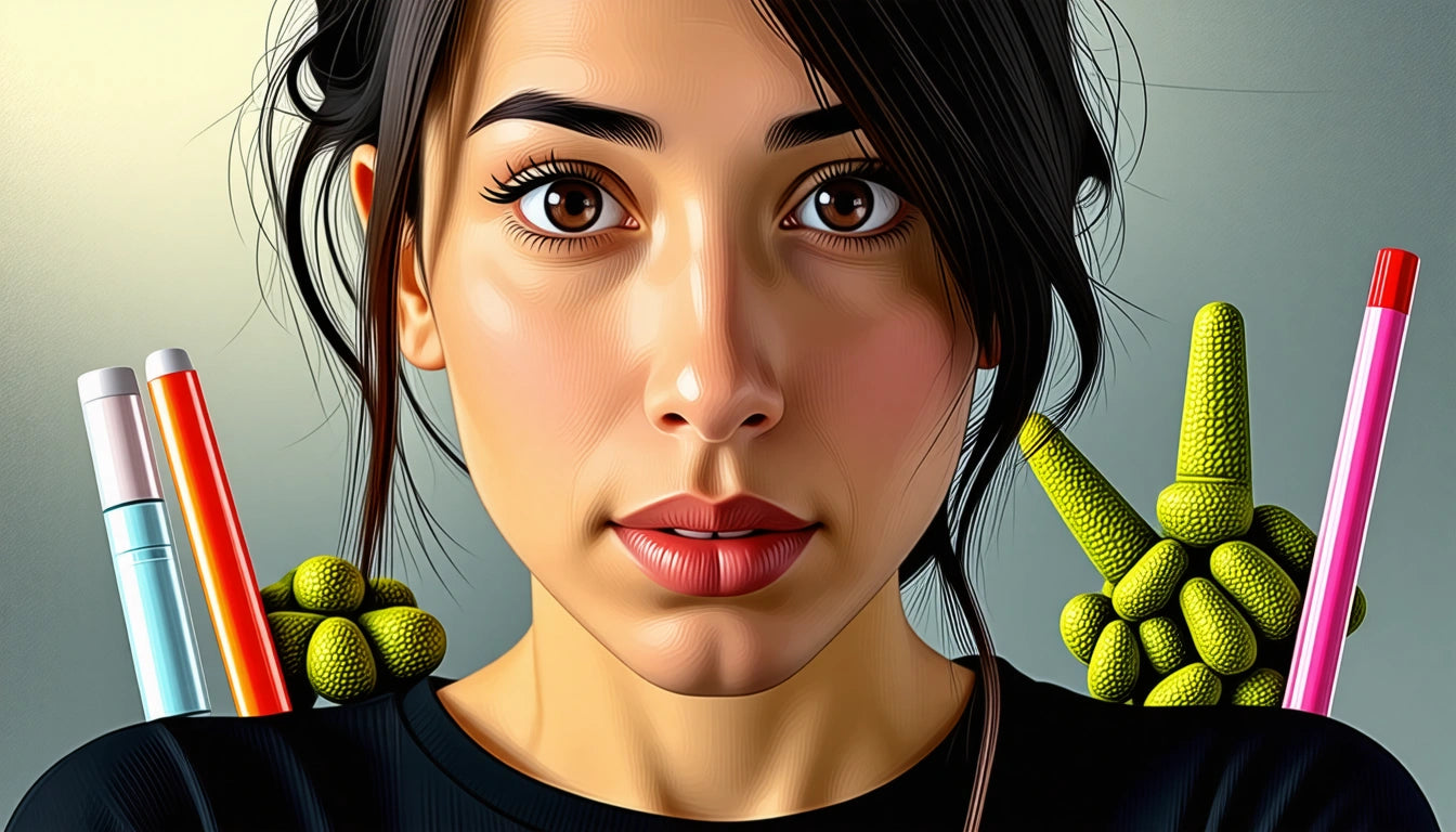 Woman with long dark hair, surrounded by colorful pens and green textured objects, against a neutral background