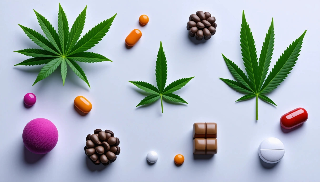 Green leaves, colorful pills, chocolate pieces, and clusters on a light gray background